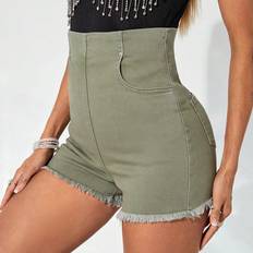 Denim Shorts - Green Shein Ultra High Waist Raw Hem Denim Shorts