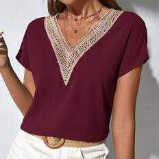 Red Blouses Shein Contrast Guipure Lace Dolman Sleeve Blouse