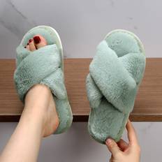 Green - Women Slippers Shein Womens Fashionable Solid Color Slippers For Bedroom With Blurry Cross Design Green