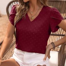 Röda - Tyg Blusar Shein Swiss Dot Petal Sleeve Blouse