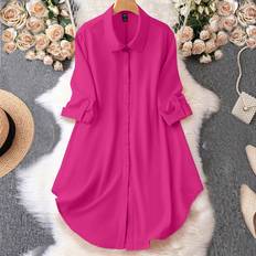 Pink - Shirt Dresses Shein Plus Roll Tab Sleeve Curved Hem Shirt Dress