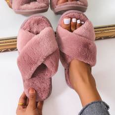 Polyurethane Slippers Shein Minimalist Cross Strap Fluffy Slippers