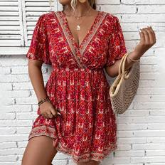 Röda - Tyg Klänningar Shein Plus Floral Print Butterfly Sleeve Overlap Collar Dress