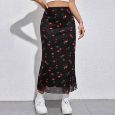 Shein Multifärgade Kjolar Shein Cherry Print Mesh Overlay Skirt