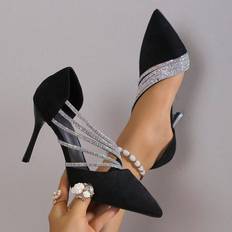 Läder Pumps Shein Women's High Heel Pump With Rhinestone & Faux Pearl Decor, Pointed Toe Stiletto Court Shoes