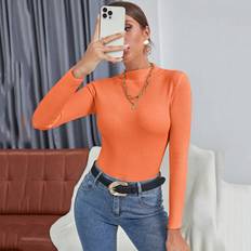 Knitted Sweaters - Orange Jumpers Shein Solid Ribbed Knit Mock Neck Jumper