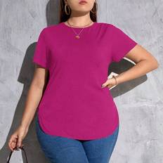 Pink T-shirts Shein Plus Solid Curved Hem Tee