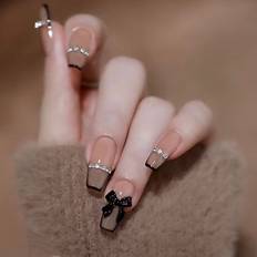 Shein 24pcs Black Coffin Shaped French Butterfly Bow Rhinestone False Nails With Jelly Gel, 1 Nail File, 1 Stick