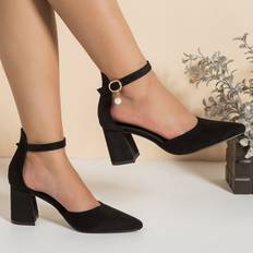 46 - Läderimitation Pumps Shein Women Faux Suede Chunky Heeled Ankle Strap Pumps, Elegant Outdoor Pumps