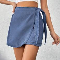 Modal - Women Skirts Shein Loose Fit Vacation Style Wrap Around Denim Skirt With Tie