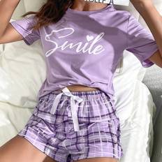 Shein Sleepwear Shein Letter Graphic Tee Plaid Print Shorts PJ Set