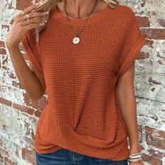 Brown - Women T-shirts Shein Solid Batwing Sleeve Cross Wrap Hem Tee