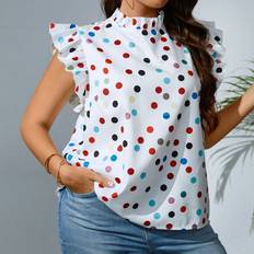 Ruffles Blouses Shein Plus Polka Dot Print Ruffle Trim Mock Neck Blouse