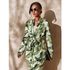 Shein Multifärgade Kappor & Rockar Shein Tropical Print Shawl Collar Belted Coat