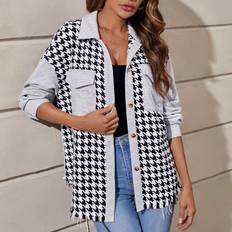 Multicoloured Coats Shein Houndstooth Print Drop Shoulder Flap Pocket Coat