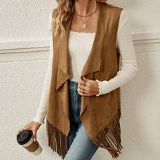 Shein Dam Västar Shein Women's Regular Fit Suede Fringed Vest With Wave Collar, Open Front And Pleated Hem