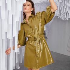 Shein Bishop Sleeve PU Leather Coat With Belt