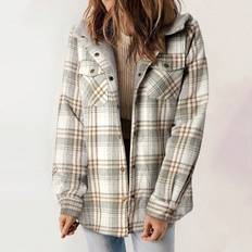 Fabric Coats Shein Plaid Print Flap Pocket Hooded Coat