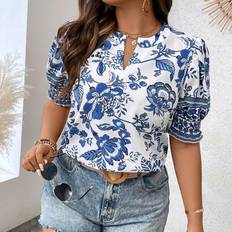 White - Women Blouses Shein Plus Floral Print Notched Neckline Puff Sleeve Blouse