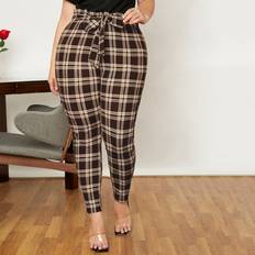 Shein Women Pants Shein Plus Plaid Print Paperbag Waist Knot Front Skinny Trousers