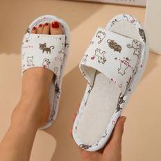 Multifärgade Innetofflor Shein Women Cat & Letter Graphic Single Band Non Slip Home Slippers, Fashionable Indoor Fabric Bedroom Slippers