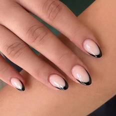 Shein pcs Short Almond Shaped French Style False Nails With Black Edge pc Nail File And pc Jelly Gel Included