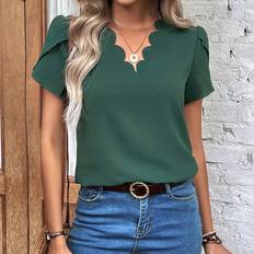 Green - Women Blouses Shein Scallop Trim Petal Sleeve Blouse