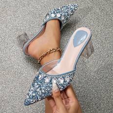 Shein Womens Crystal High Heel Single Shoes With Rhinestone Detailing And Transparent Crystal Heels Fashionable And Comfortable Pointed Toe Mules
