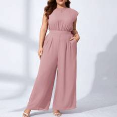 Pink Jumpsuits & Overalls Shein Plus Solid Shoulder Padded Wide Leg Jumpsuit