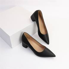 Läder Pumps Shein Point Toe Chunky Heeled Court Pumps, Black Elegant Solid Color Women's High Heel Shoes