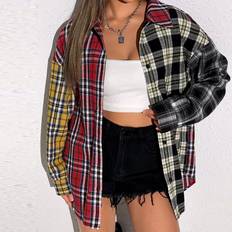 Shein Women Shirts Shein Tartan Colourblock Drop Shoulder Shirt