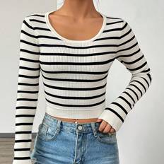 Viscose Sweaters Shein Striped Pattern Scoop Neck Crop Jumper