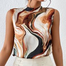 Multicolored Blouses Shein Marble Print Mock Neck Sleeveless Chiffon Blouse