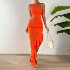 Knee Length Dresses - Orange Shein One Shoulder Cut Out Waist Ruffle Trim Ruched Dress