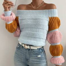 Multicolored - Women Sweaters Shein Colourblock Off Shoulder Lantern Sleeve Jumper