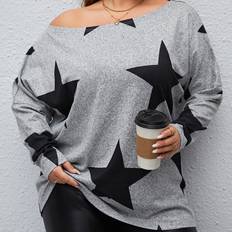 Fabric - Women Tops Shein Plus Star Print Drop Shoulder Tee