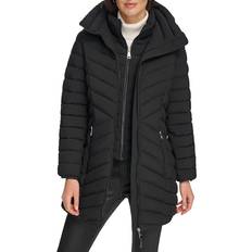 DKNY Women's Bibbed Hooded Lightweight Puffer Coat - Black