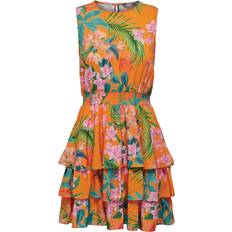 Only Women's ONLTROPICA S/L Smock Layer Dress EX PTM Kleid, Flame Orange/AOP:Canary Flowers