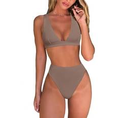 Women - XXS Bikini Sets geluboao Women’s Brown Bikini Swimsuit Hlter Triangle Sliod Color Thong Two Piece Bathing Suit