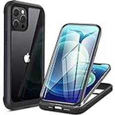 Compatible with iPhone 12/12 Pro 6.1 inch, [Built-in Glass Screen Protector] Full Body Rubber Bumper Cover Black