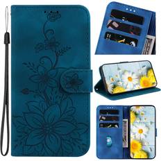 Mobile Phone Accessories GANGXUN Blue Case for Motorola MOTO G200 5G Embossed Lily Flip Wallet Premium Pu Leather Cover with Card Holder Compatible With Motorola MOTO G200 5G