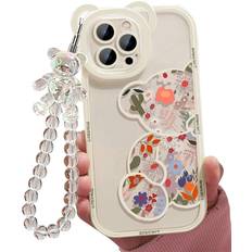 Mobile Phone Accessories Tianfu IPhone 14 phone case, cute floral bear case, with cute wristband, women's bracelet chain, transparent Kawaii camera protection