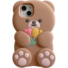 Tianfu Phone Cases Apply to iPhone13PRO,Cute Cartoon Bear Phone Case with Flower Teddy Bear Brown Phone Case 3D Case Soft Silicone Shockproof Cover