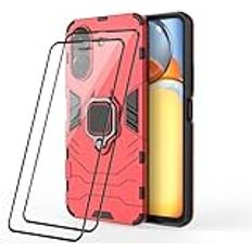 RonRun for Xiaomi Redmi 13C/ Xiaomi Poco C65 Case 2 pack Tempered Glass Screen Protectors, Cover with Metal Finger Ring Holder Scratch-Resistant and Shockproof Compatible Magnetic Car Mount, red