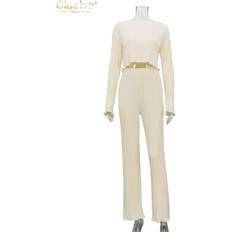 Long Sleeve T-Shirts Two Piece Sets Womens Bodycon Pleated Pants Set Streetwear Wide Trouser Suits Brown One