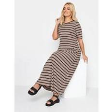 Yours Curve Ss Rib Swing Maxi Dress Mocha Stripe, Brown, 22-24, Women