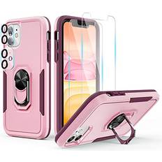 Infiland [5 in 1] Compatible with iPhone 11 Case with 2 Pack Screen Protectors 2 Pack Camera Lens Protector, Rotation Ring Kickstand, Support Car Mount Case for iPhone 11 6.1 Inch 2019 Pink