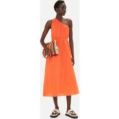 Clothing Whistles Plain Asymmetric Linen Blend Midi Dress, Orange