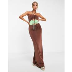 Topshop Slinky Cut Out Colour Block Halter Maxi Dress - Chocolate Brown