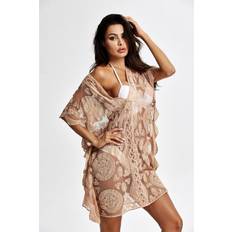 Beach Cover-up Women Sexy Pareo Beach Bikini Swimsuit Swimwear V-Neck Lace up Mini Dress Embroidery Bathing Cover-Ups Brown One